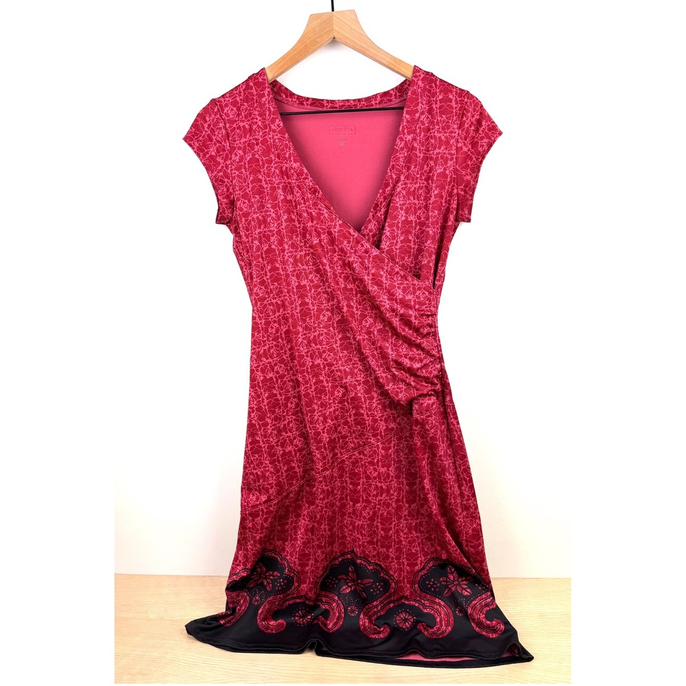 Athleta Wrap Dress Red Patterned Cap‎ Sleeve Below Knee S